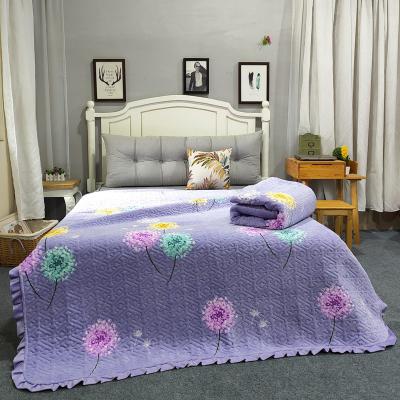 蒲之梦-紫：牛奶绒小花边夹棉床盖盖毯