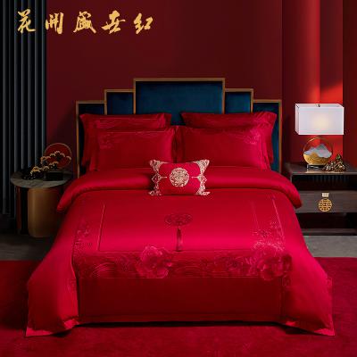 花开盛世红：60贡缎长绒棉绣花婚庆四多件套